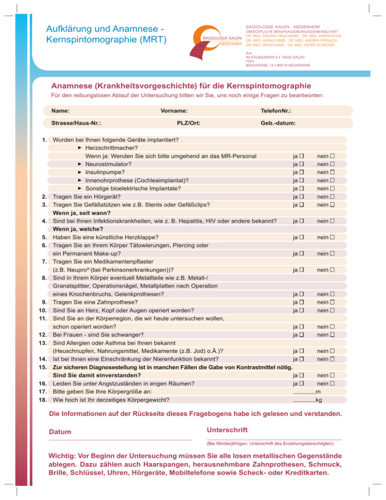 Aufklärung Und Anamnese - Kernspintomographie (MRT)