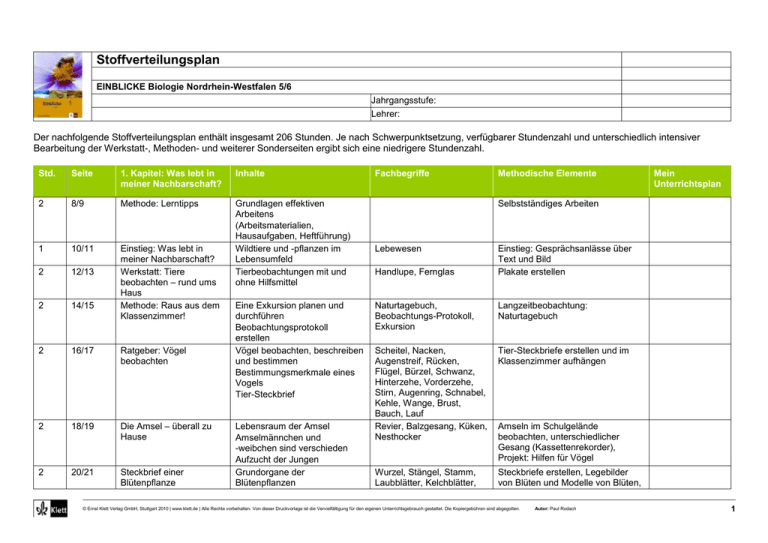 Stoffverteilungsplan EINBLICKE Biologie Nordrhein