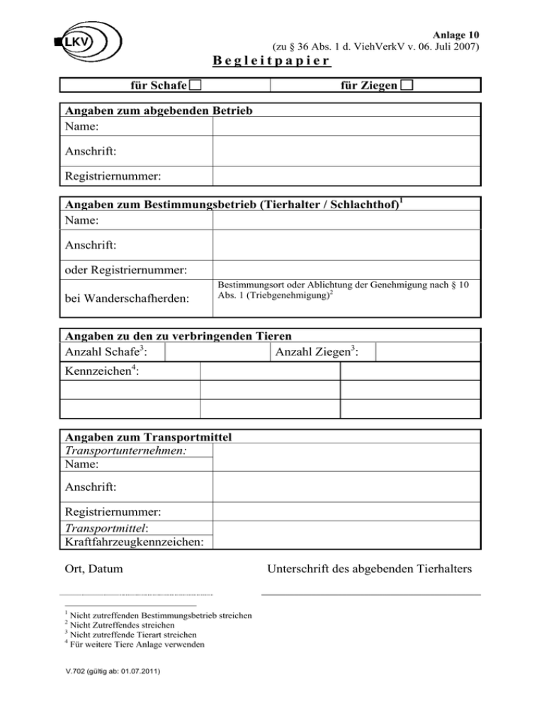 Begleitpapier für Schafe und Ziegen