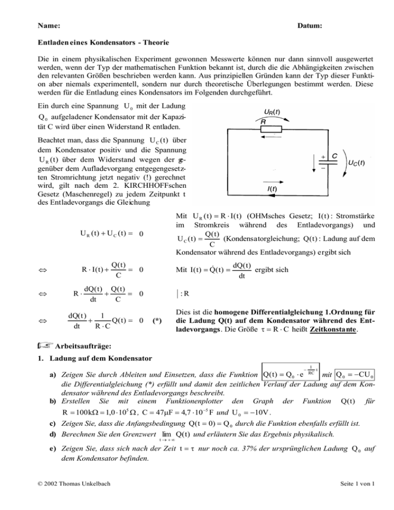 Entladen Eines Kondensators Formel Entladen eines Kondensators