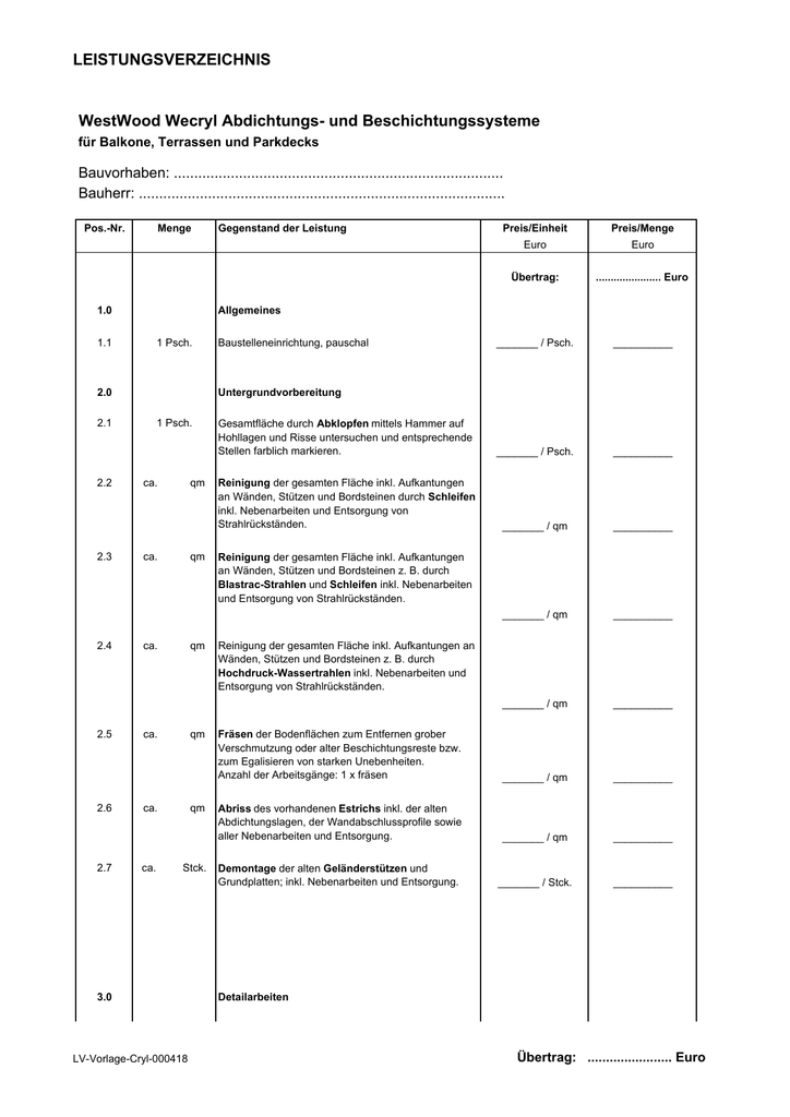 Leistungsverzeichnis Westwood Wecryl Abdichtungs